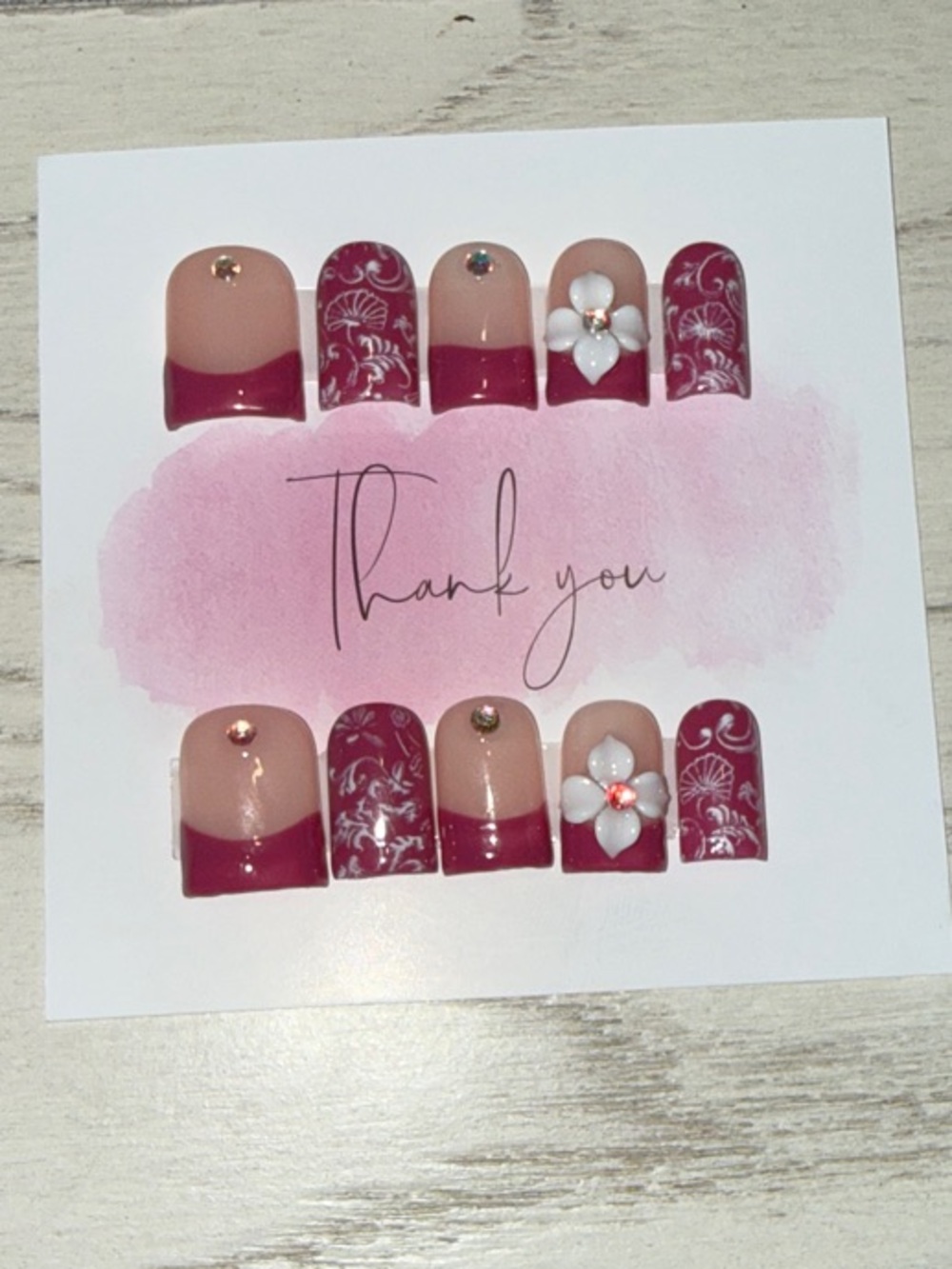 Burgundy Floral Accent Press-On Nails with 3D Flower